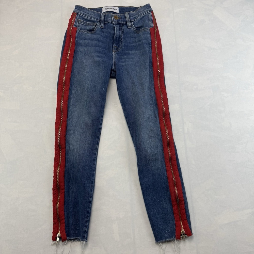 Etienne Marcel Dark Wash Red Ribbon Side Zipper Cropped Jeans Size 24 USA Made - Picture 1 of 6
